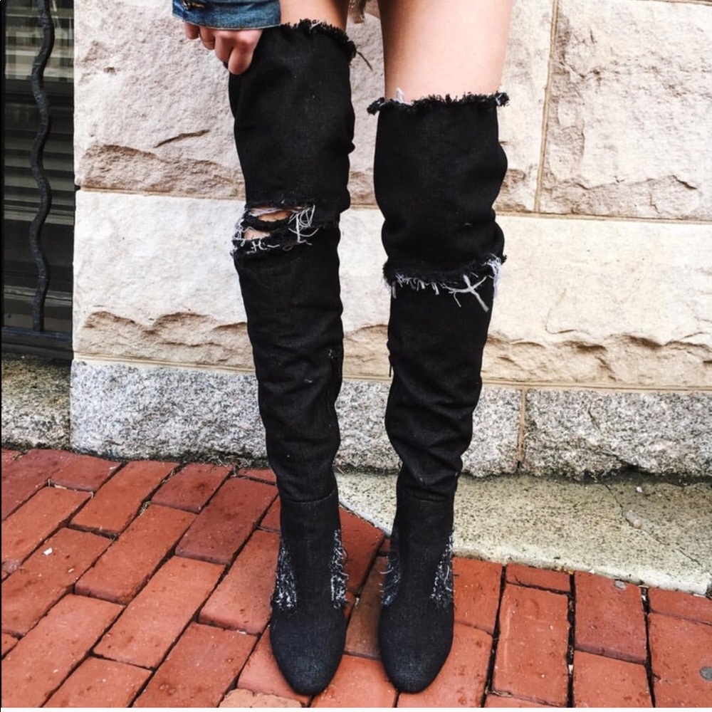 Jeffrey Campbell x LF distressed denim OTK boots - Picture 3 of 5